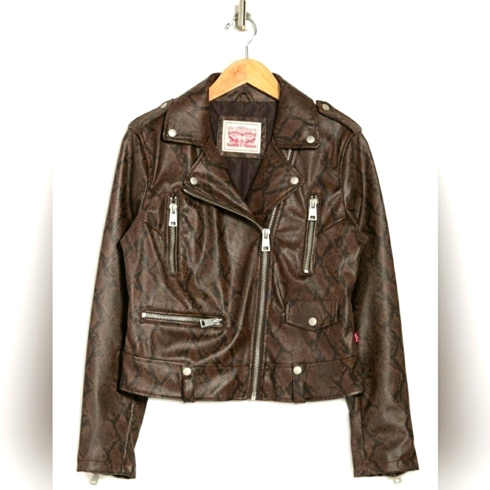 Women's Faux Leather Moto Jacket (size Small) Brown snake